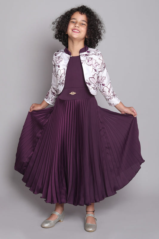 Three Fourth Sleeves Abstract Floral Printed Shrug With Accordion Pleated Fit & Flare Party Gown - Magenta Purple