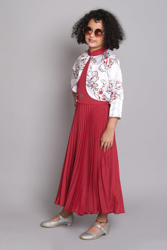 Three Fourth Sleeves Abstract Floral Printed Shrug With Accordion Pleated Fit & Flare Party Gown - Red