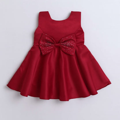 Sleeveless Bow Embelished Fit & Flare Party Dress For Girls-Red