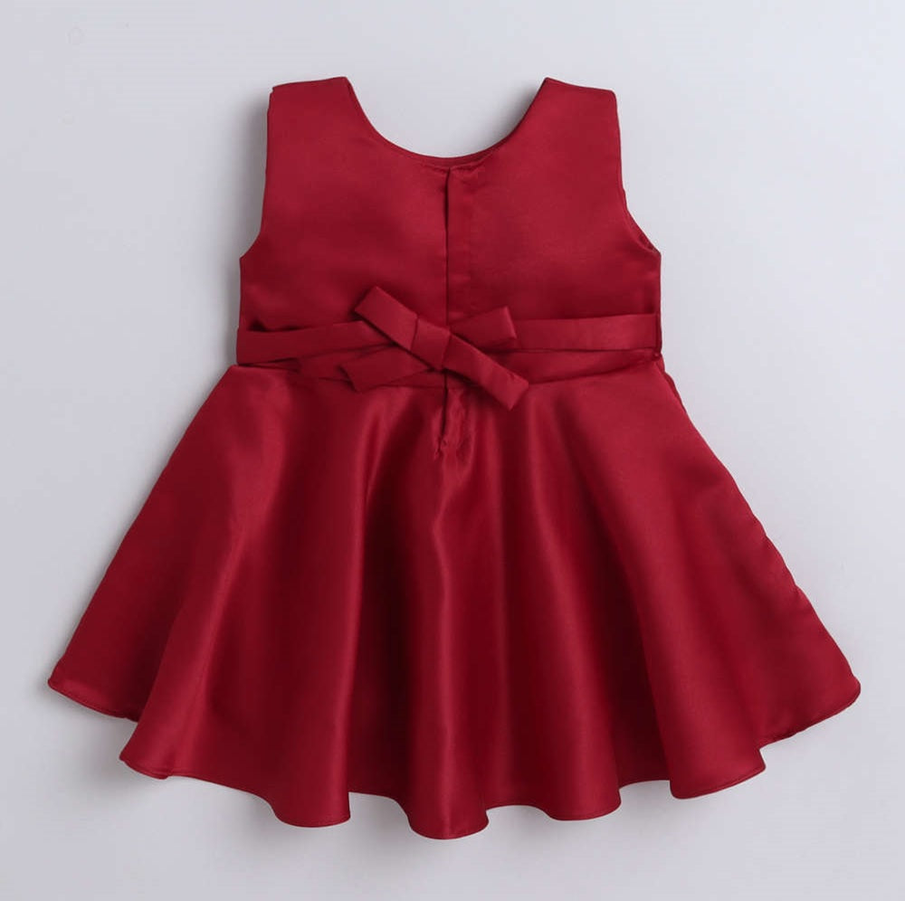 Sleeveless Bow Embelished Fit & Flare Party Dress For Girls-Red