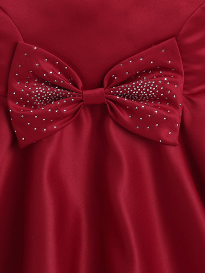 Sleeveless Bow Embelished Fit & Flare Party Dress For Girls-Red