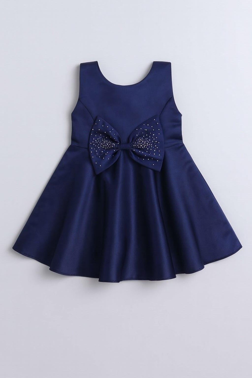 Sleeveless Bow Embelished Fit & Flare Party Dress For Girls-Navy