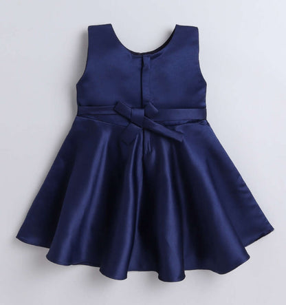 Sleeveless Bow Embelished Fit & Flare Party Dress For Girls-Navy