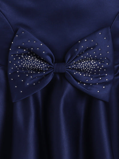 Sleeveless Bow Embelished Fit & Flare Party Dress For Girls-Navy