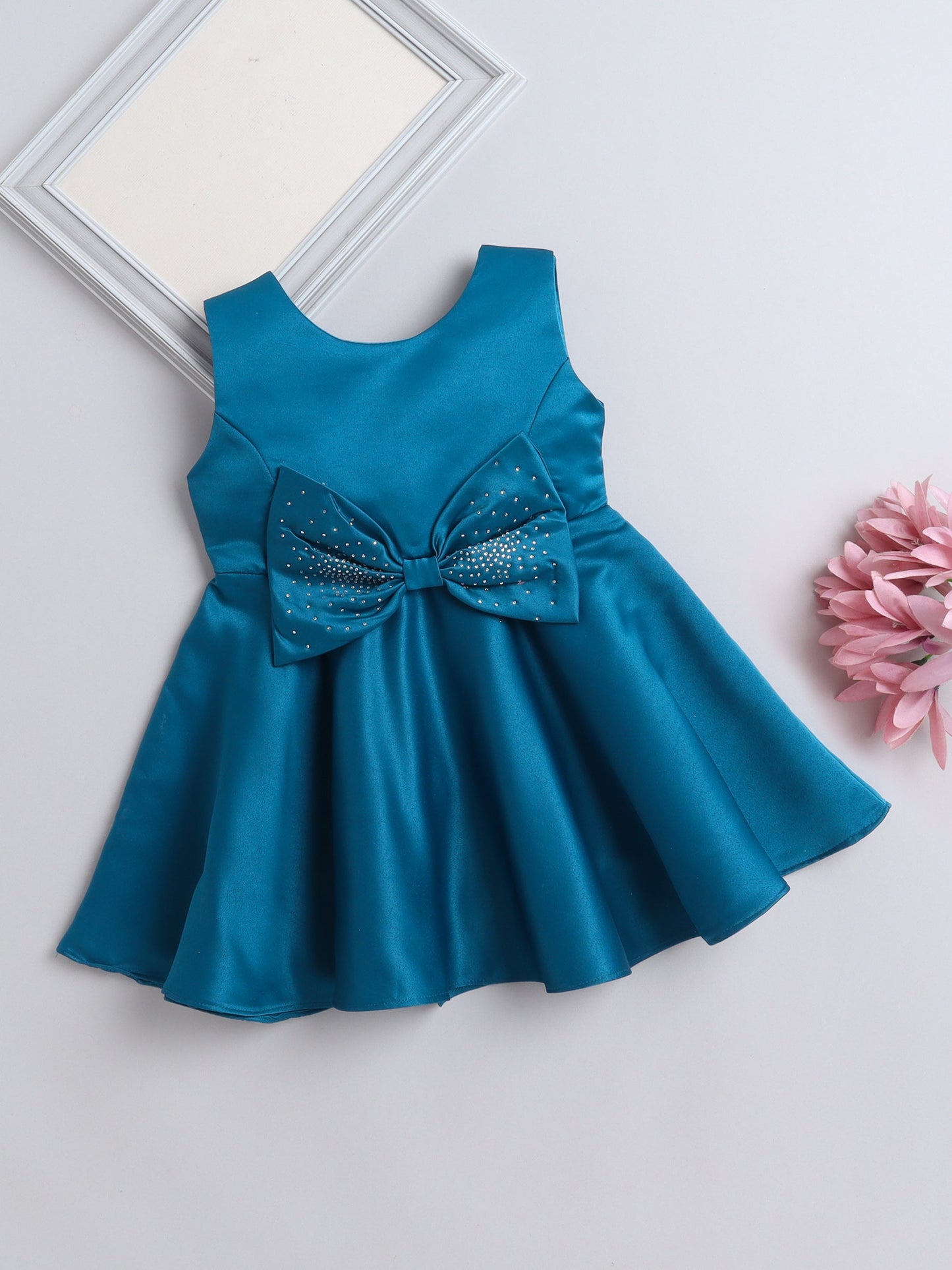 Sleeveless Bow Embelished Fit & Flare Party Dress For Girls-Teal