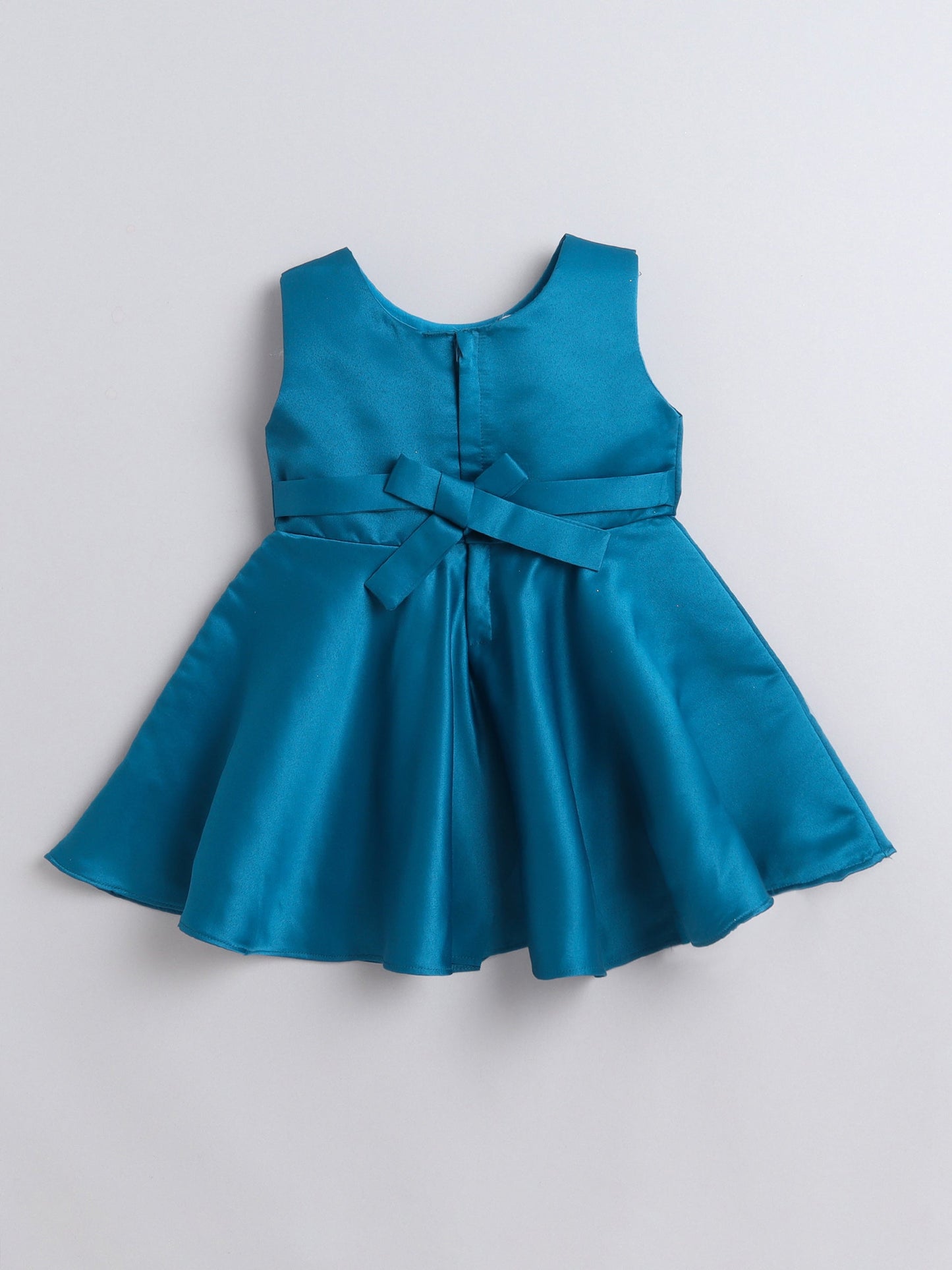 Sleeveless Bow Embelished Fit & Flare Party Dress For Girls-Teal