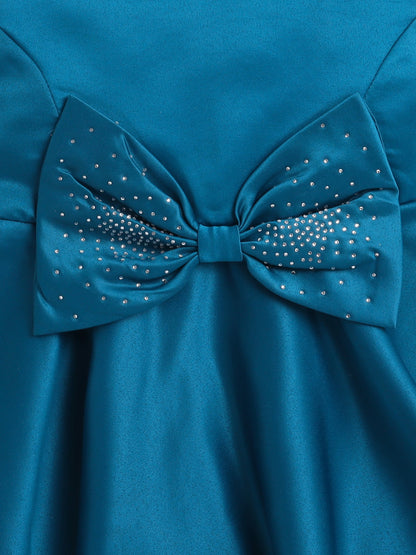 Sleeveless Bow Embelished Fit & Flare Party Dress For Girls-Teal