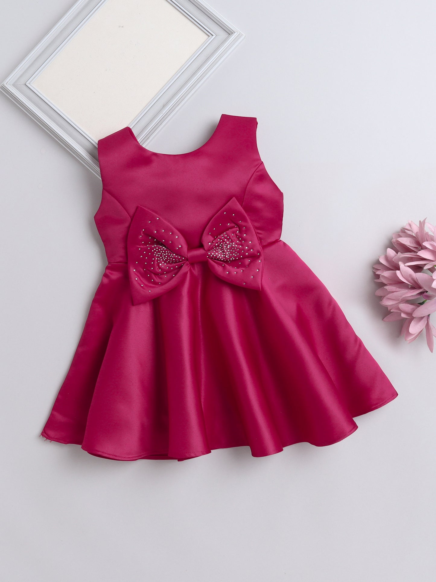 Sleeveless Bow Embelished Fit & Flare Party Dress For Girls - Fuchsia