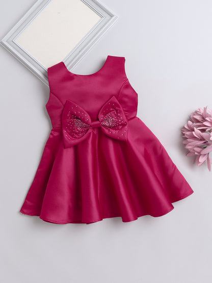 Sleeveless Bow Embelished Fit & Flare Party Dress For Girls - Fuchsia