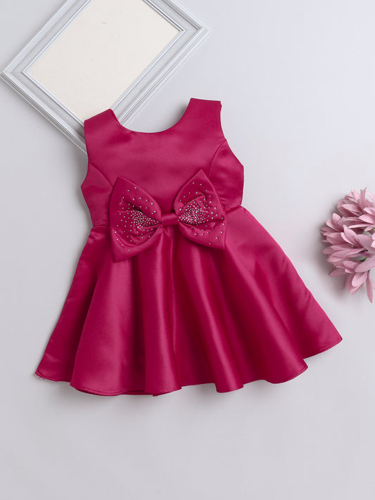 Sleeveless Bow Embelished Fit & Flare Party Dress For Girls - Fuchsia