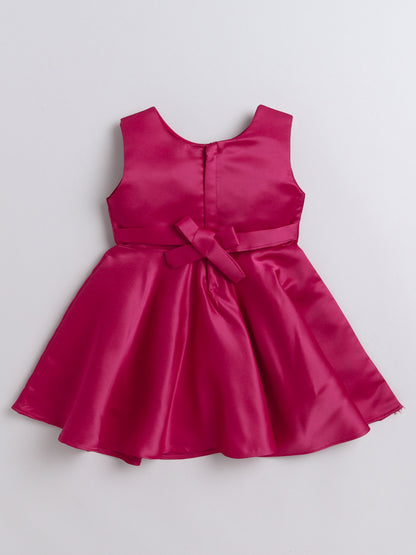 Sleeveless Bow Embelished Fit & Flare Party Dress For Girls - Fuchsia