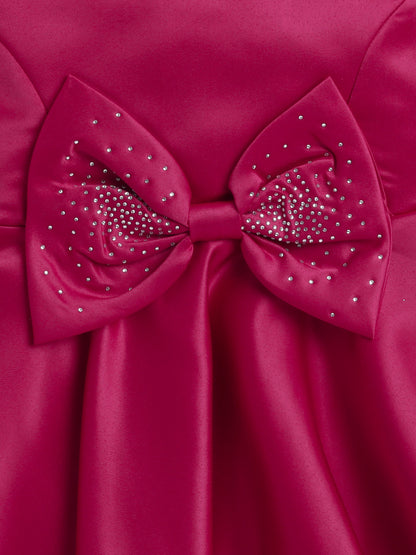 Sleeveless Bow Embelished Fit & Flare Party Dress For Girls - Fuchsia