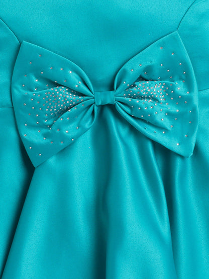 Sleeveless Bow & Stone Embellished Fit & Flared Dress -  Sea Green