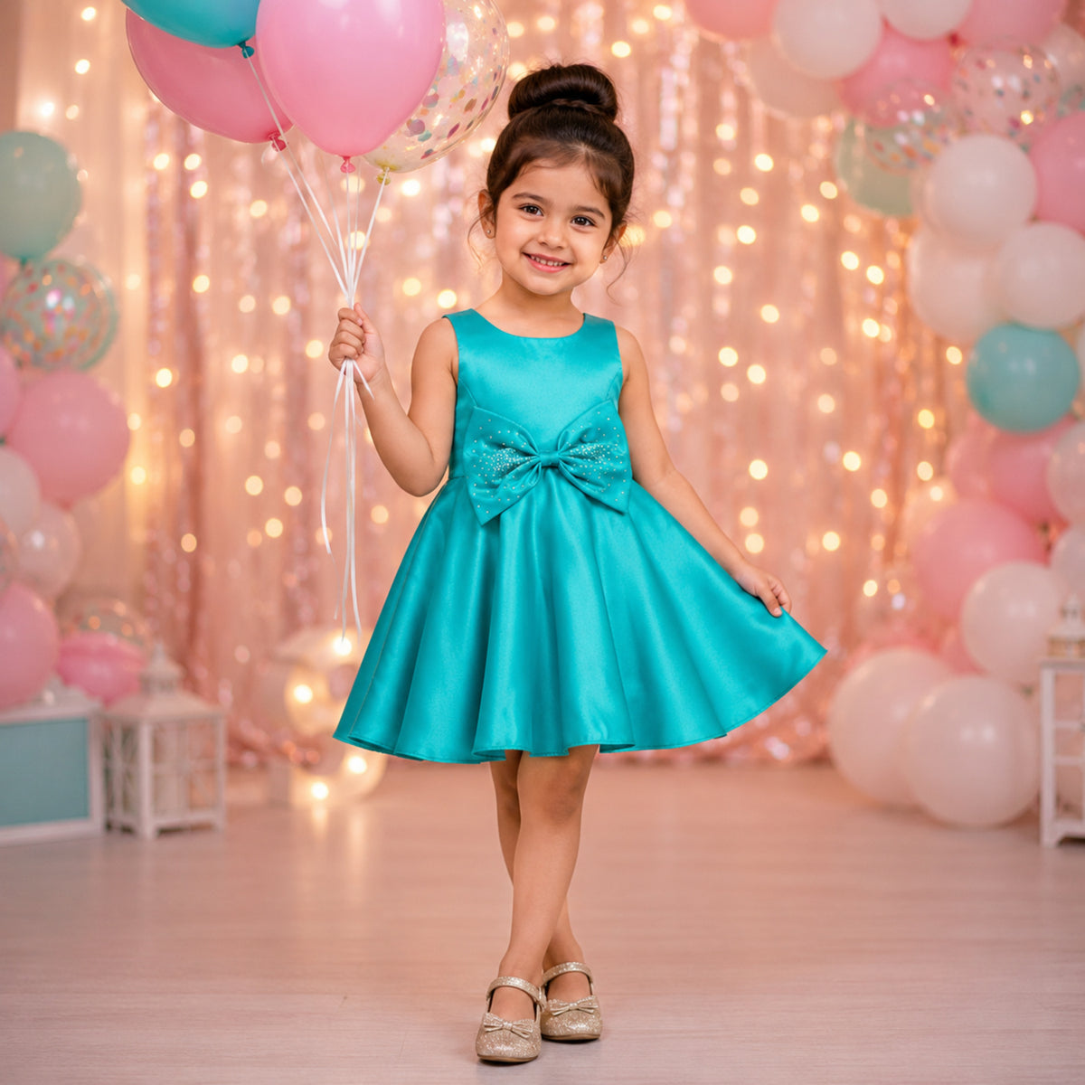 Sleeveless Bow & Stone Embellished Fit & Flared Dress - Sea Green