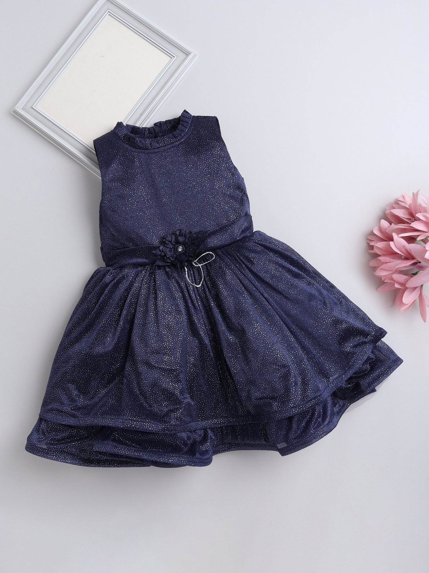 Sleeveless Shimmery Collar Neck Fit & Flare Party Dress With Corsage For Girls-Navy