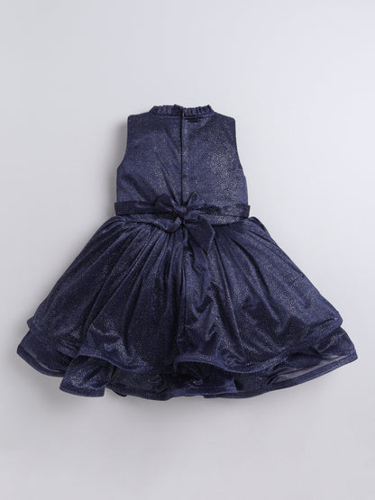 Sleeveless Shimmery Collar Neck Fit & Flare Party Dress With Corsage For Girls - Navy