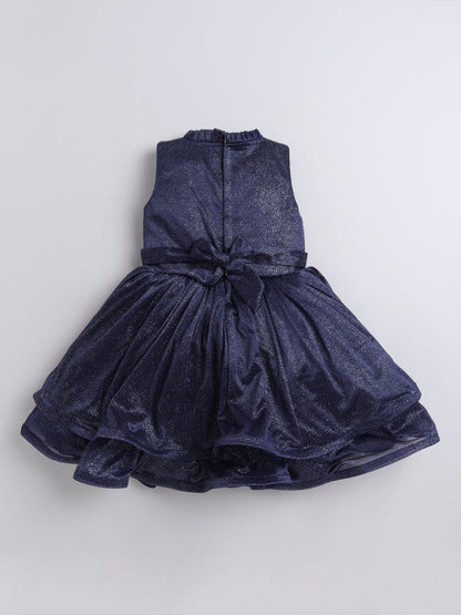 Sleeveless Shimmery Collar Neck Fit & Flare Party Dress With Corsage For Girls-Navy
