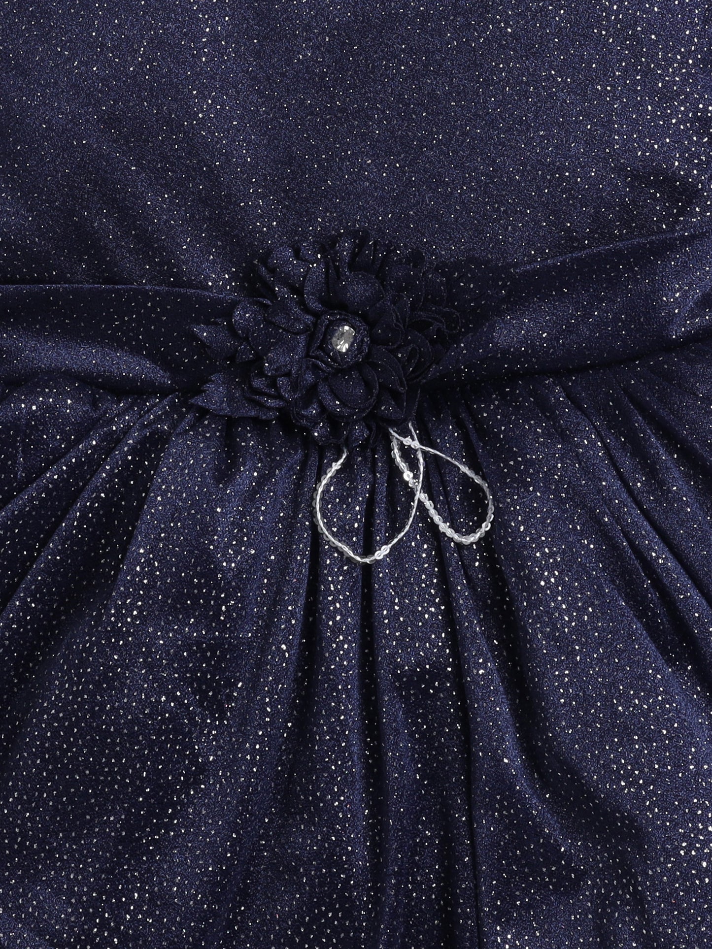 Sleeveless Shimmery Collar Neck Fit & Flare Party Dress With Corsage For Girls - Navy
