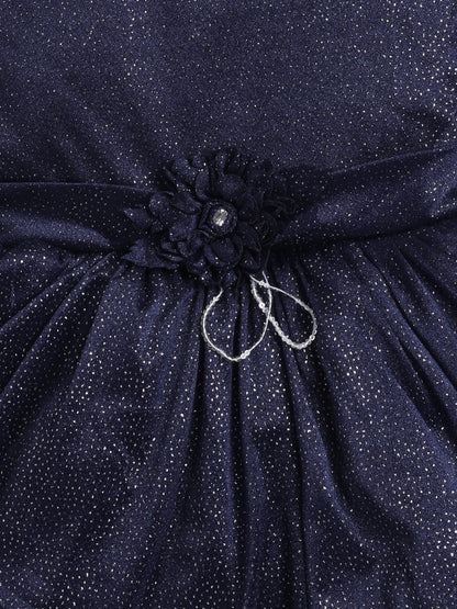 Sleeveless Shimmery Collar Neck Fit & Flare Party Dress With Corsage For Girls - Navy