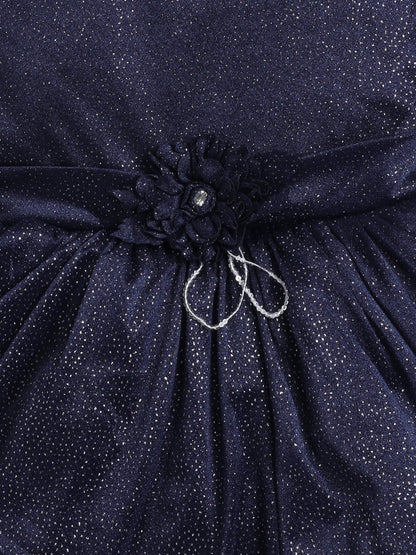 Sleeveless Shimmery Collar Neck Fit & Flare Party Dress With Corsage For Girls-Navy