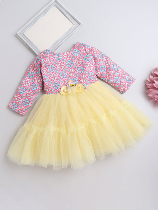Three Fourth Sleeves Seamless Geomteric Floral Bodice Printed & Ruffle Detailed Dress - Yellow & Pink