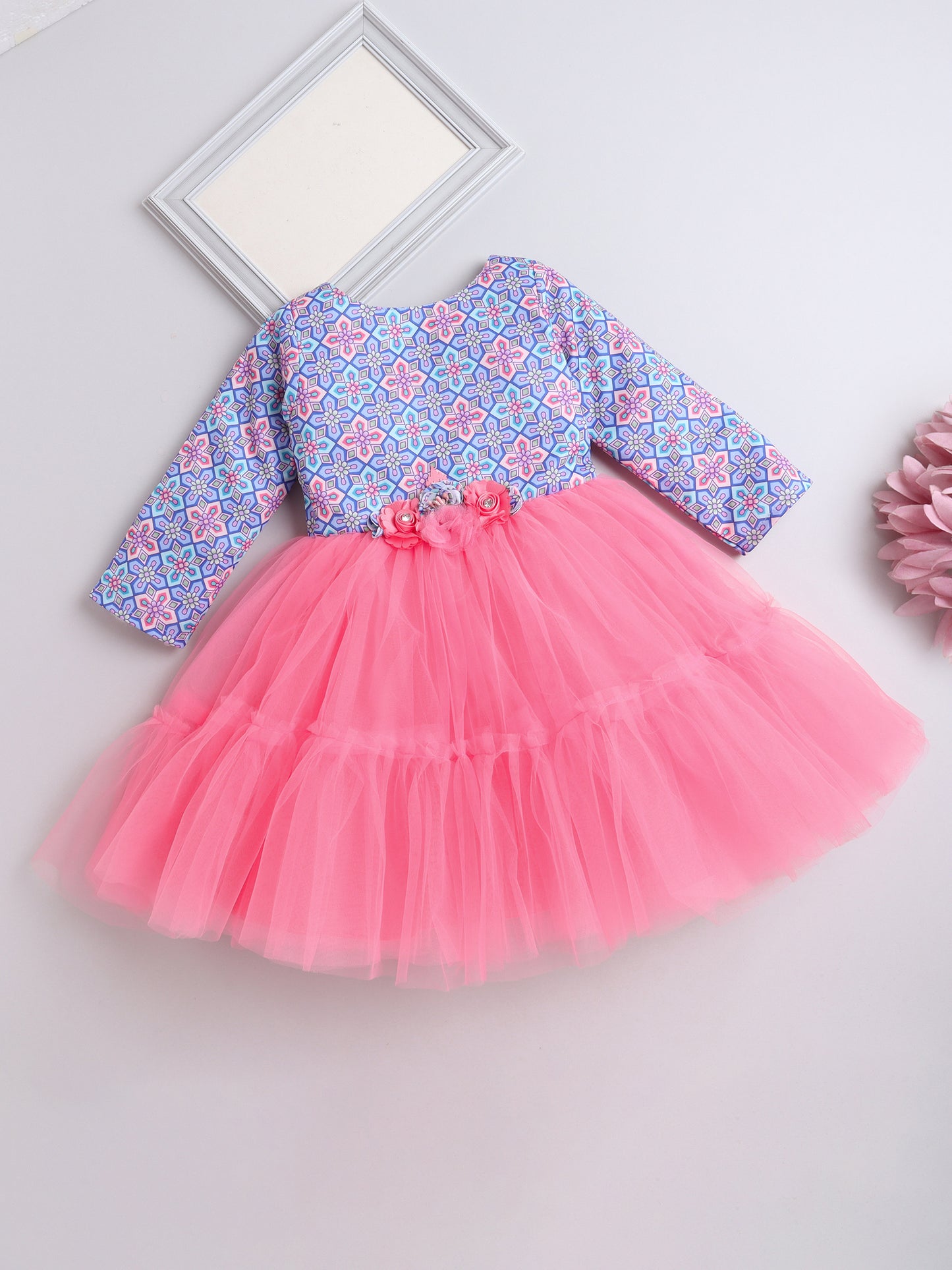 3/4th Sleeves Floral Printed Tiered Party Dress With Corsage For Girls - Peach