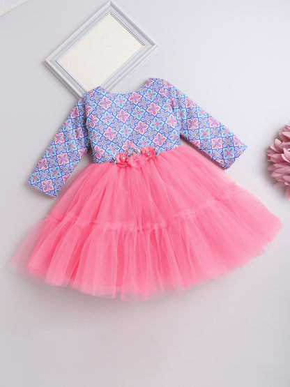 3/4th Sleeves Floral Printed Tiered Party Dress With Corsage For Girls - Peach
