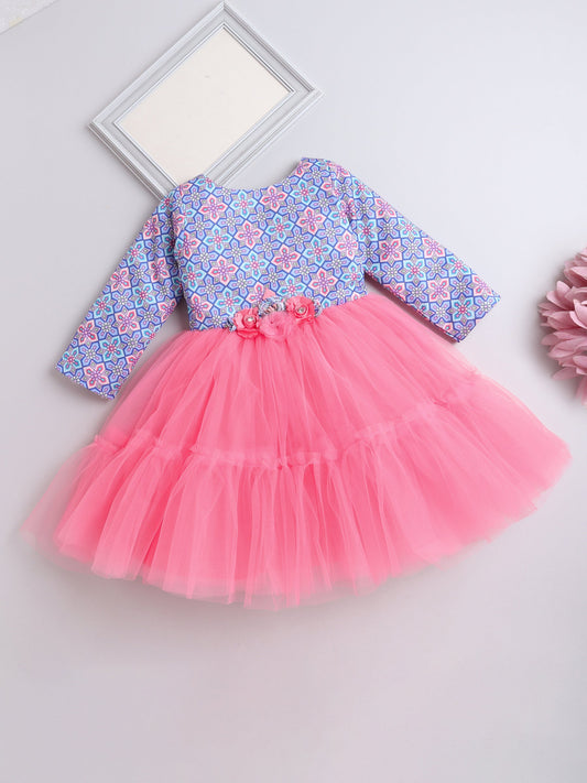 3/4th Sleeves Floral Printed Tiered Party Dress With Corsage For Girls-Peach