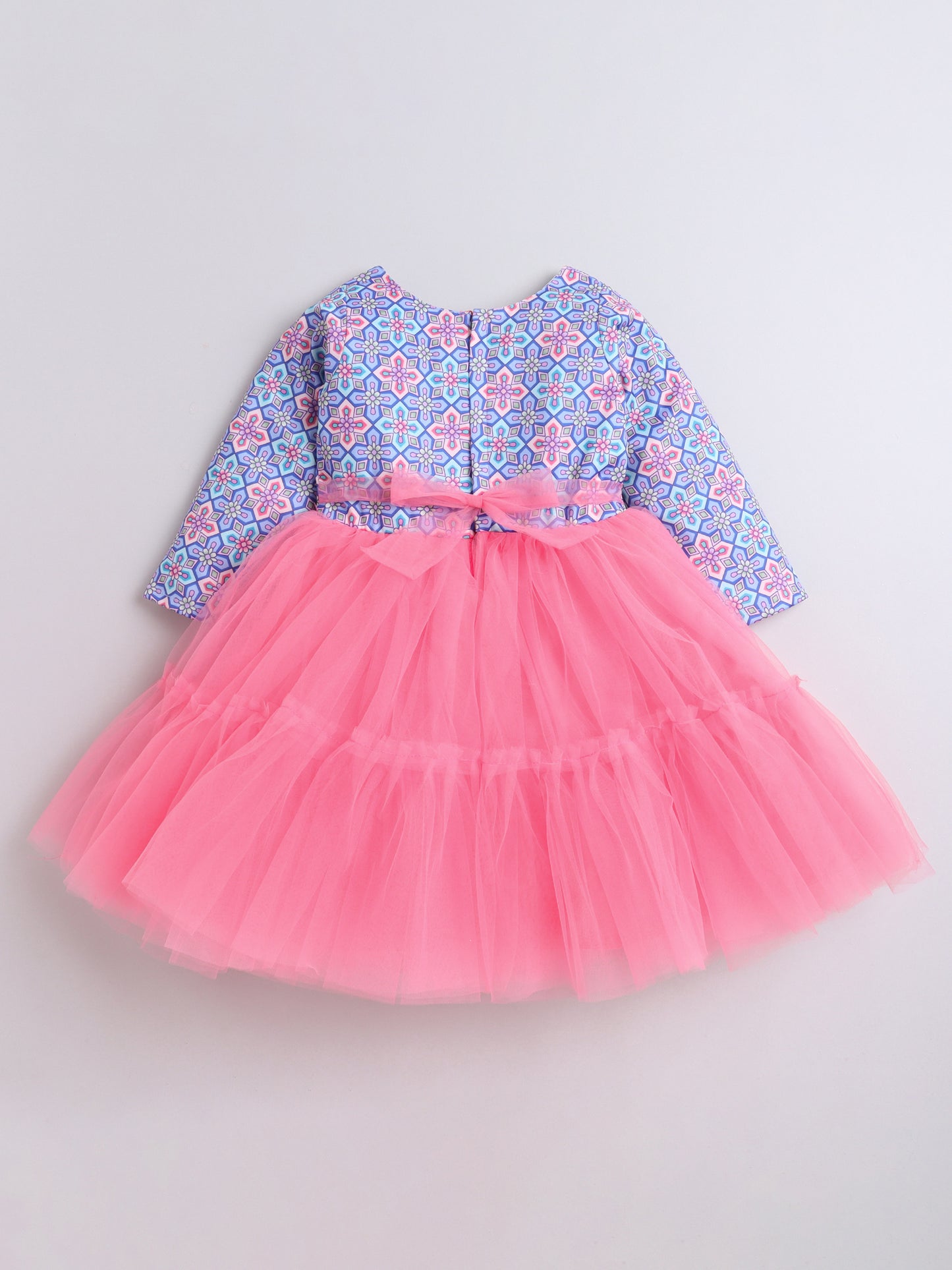 3/4th Sleeves Floral Printed Tiered Party Dress With Corsage For Girls - Peach