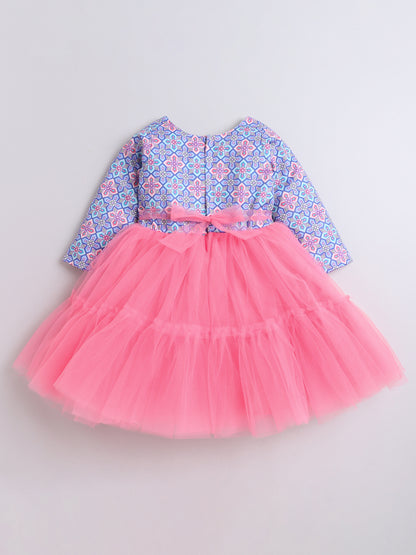 3/4th Sleeves Floral Printed Tiered Party Dress With Corsage For Girls - Peach