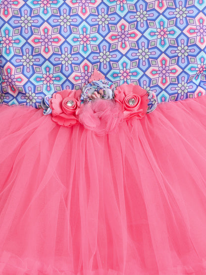 3/4th Sleeves Floral Printed Tiered Party Dress With Corsage For Girls - Peach
