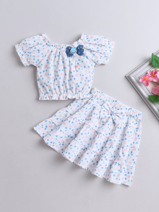 All Over Printed Puff Sleeves Bow Detail Top & Skirt Set - Pink