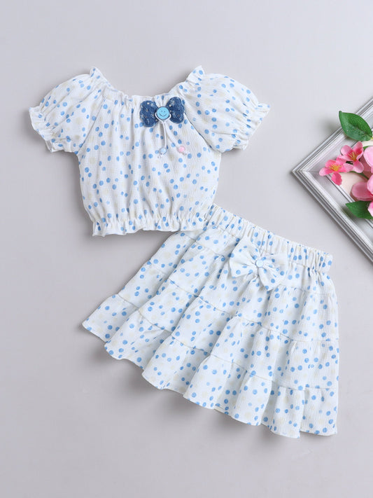 All Over Printed Puff Sleeves Bow Detail Top & Skirt Set - White