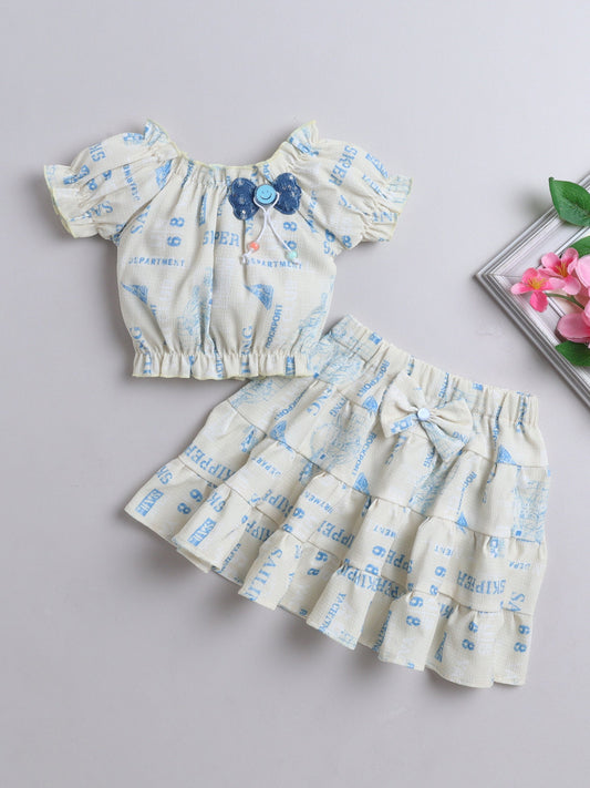 All Over Printed Puff Sleeves Bow Detail Top & Skirt Set - Yellow