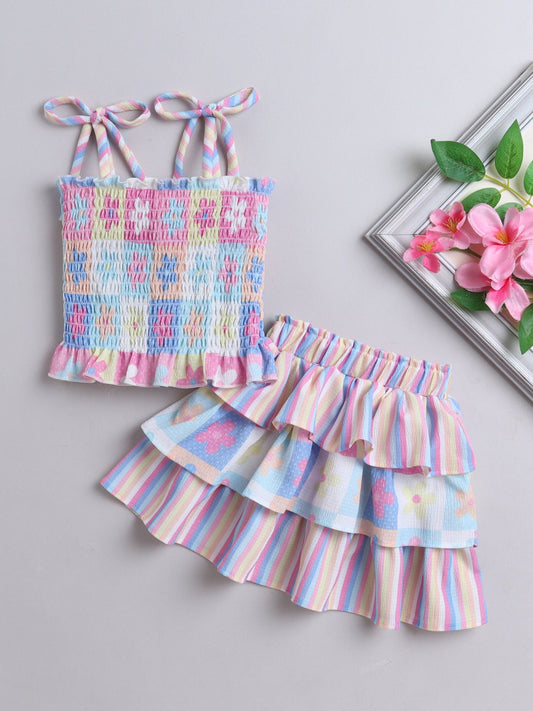 All Over Printed Tie up Strapy Top & Skirt Set- Pink