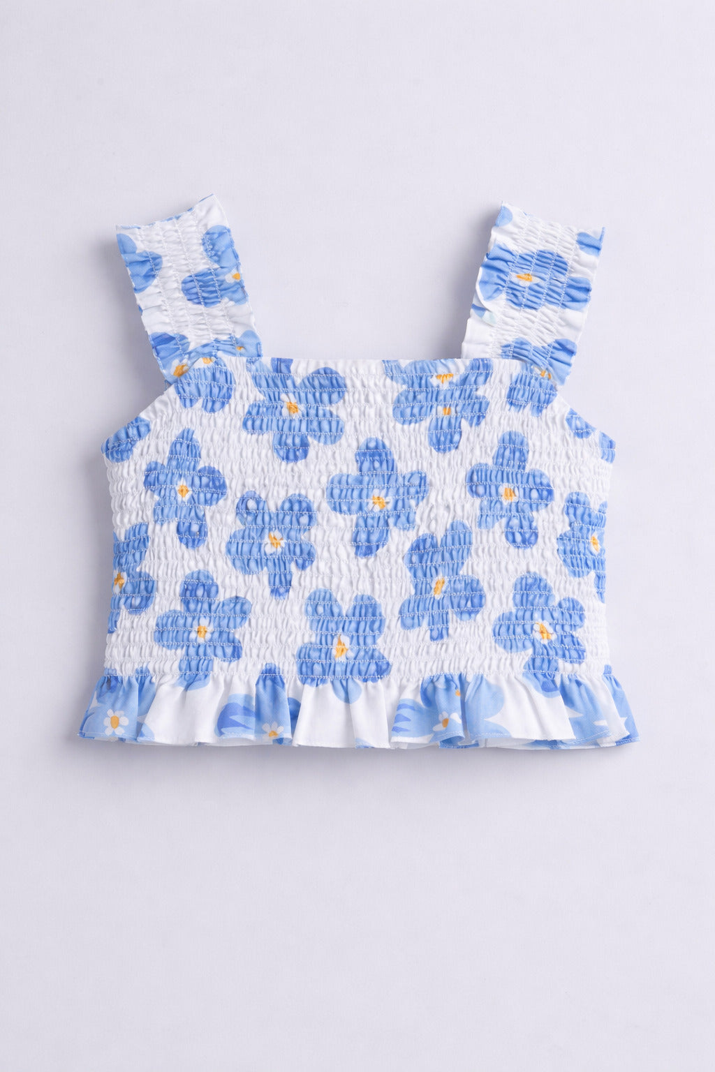 The Magic Wand Cotton Woven Sleeveless Floral Printed Smocked Top And Wrap Frill Skirt - Blue