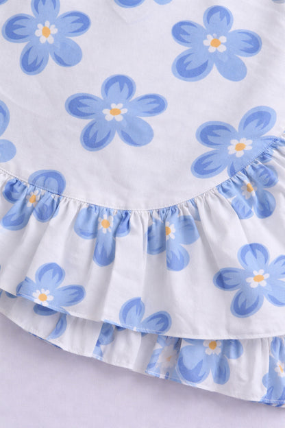 The Magic Wand Cotton Woven Sleeveless Floral Printed Smocked Top And Wrap Frill Skirt - Blue