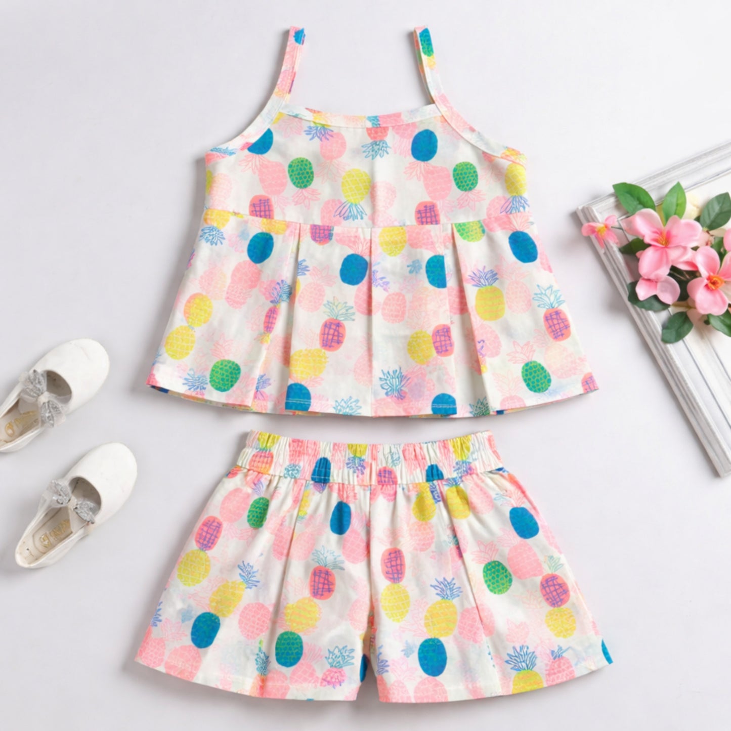 The Magic Wand Cotton Woven Strappy Pineapple Printed Pleated Top And Shorts Set - Pink