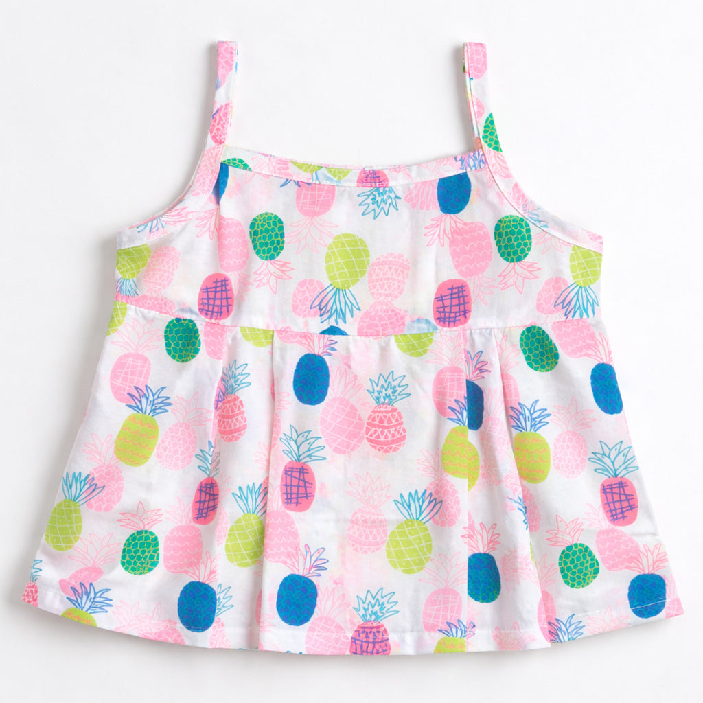 The Magic Wand Cotton Woven Strappy Pineapple Printed Pleated Top And Shorts Set - Pink