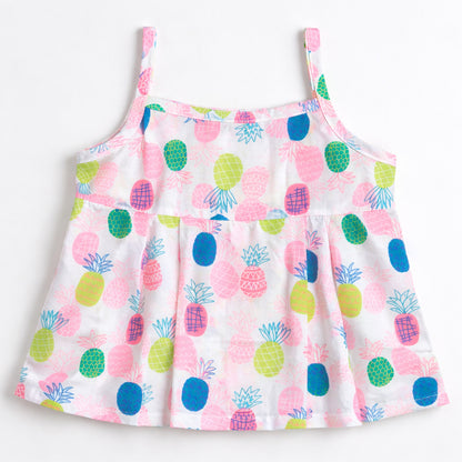 The Magic Wand Cotton Woven Strappy Pineapple Printed Pleated Top And Shorts Set - Pink