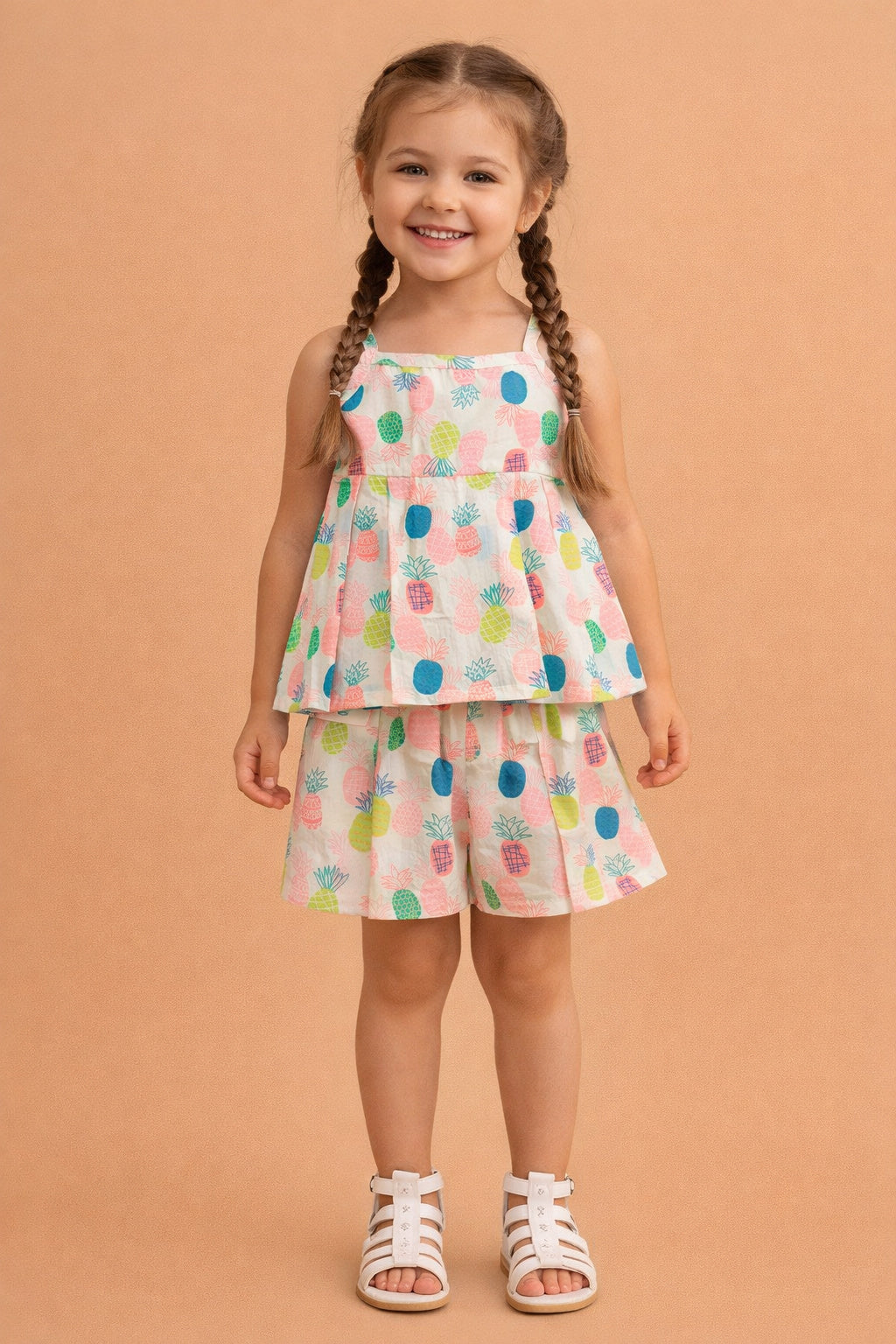 The Magic Wand Cotton Woven Strappy Pineapple Printed Pleated Top And Shorts Set - Pink