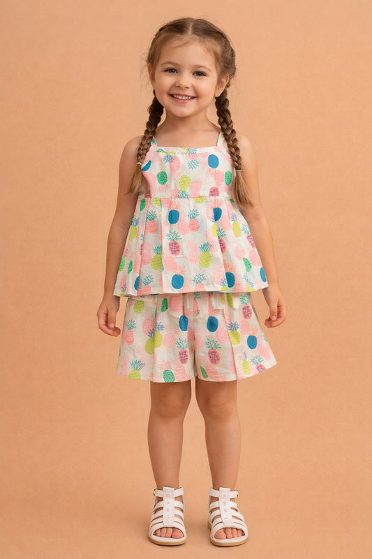 The Magic Wand Cotton Woven Strappy Pineapple Printed Pleated Top And Shorts Set - Pink