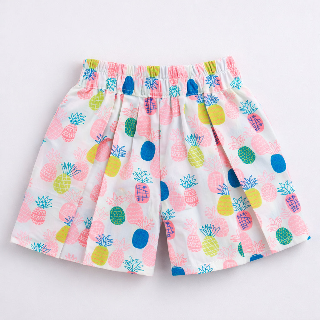 The Magic Wand Cotton Woven Strappy Pineapple Printed Pleated Top And Shorts Set - Pink