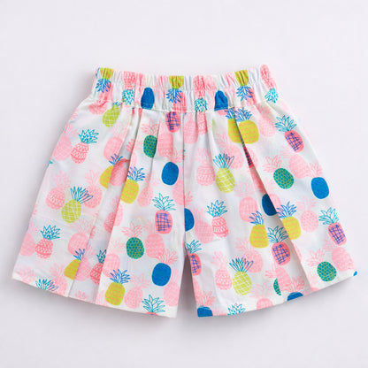 The Magic Wand Cotton Woven Strappy Pineapple Printed Pleated Top And Shorts Set - Pink