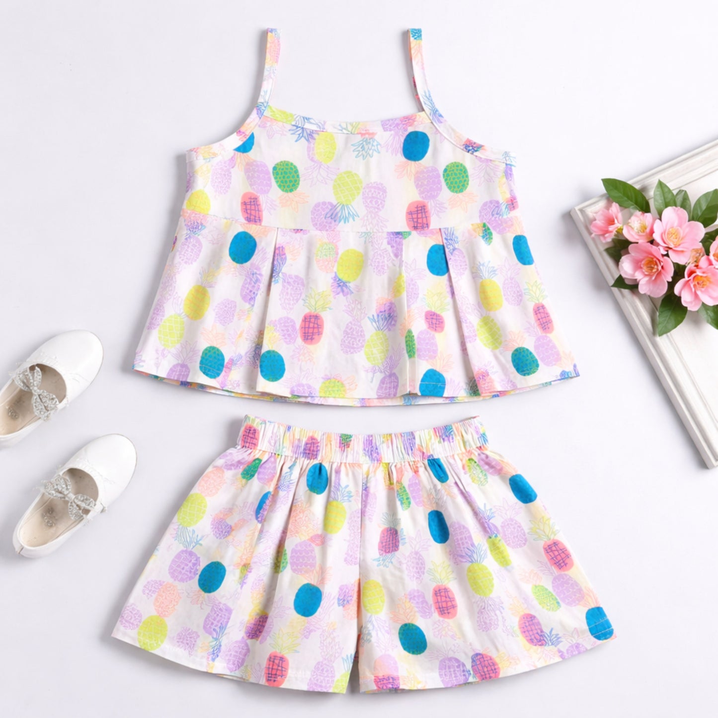 The Magic Wand Cotton Woven Strappy Pineapple Printed Pleated Top And Shorts Set - Purple