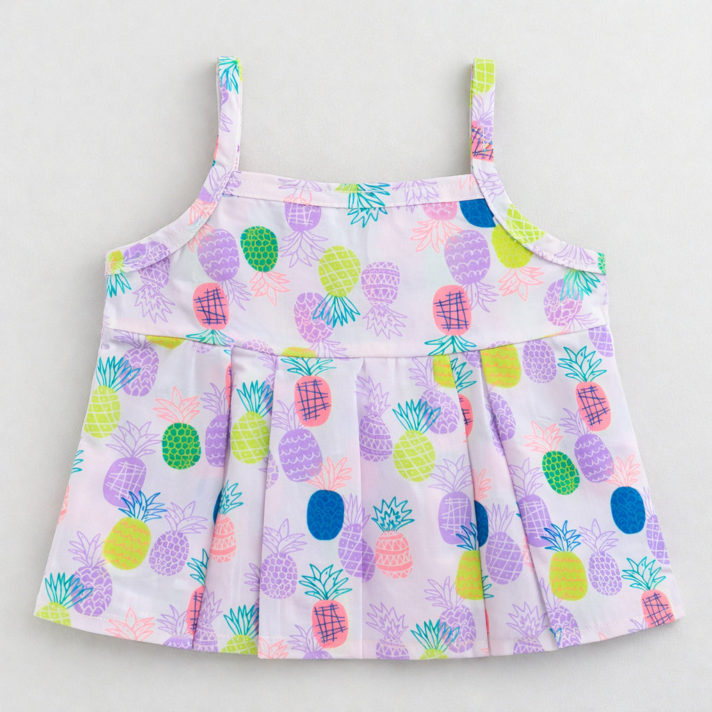 The Magic Wand Cotton Woven Strappy Pineapple Printed Pleated Top And Shorts Set - Purple