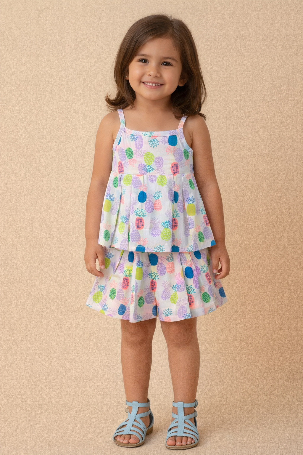 The Magic Wand Cotton Woven Strappy Pineapple Printed Pleated Top And Shorts Set - Purple