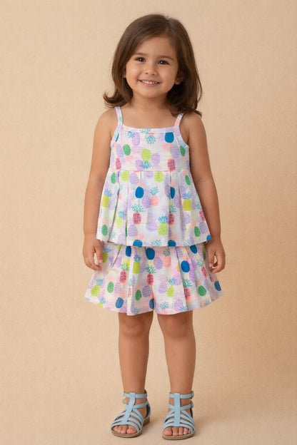 The Magic Wand Cotton Woven Strappy Pineapple Printed Pleated Top And Shorts Set - Purple