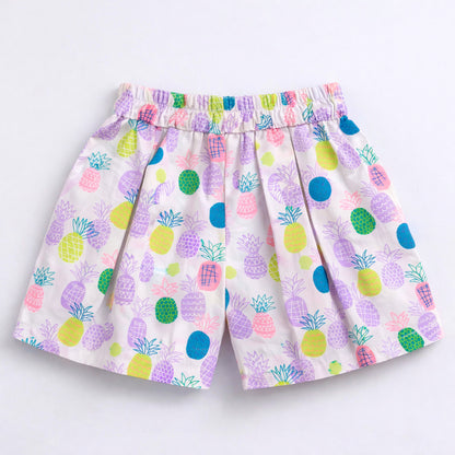 The Magic Wand Cotton Woven Strappy Pineapple Printed Pleated Top And Shorts Set - Purple