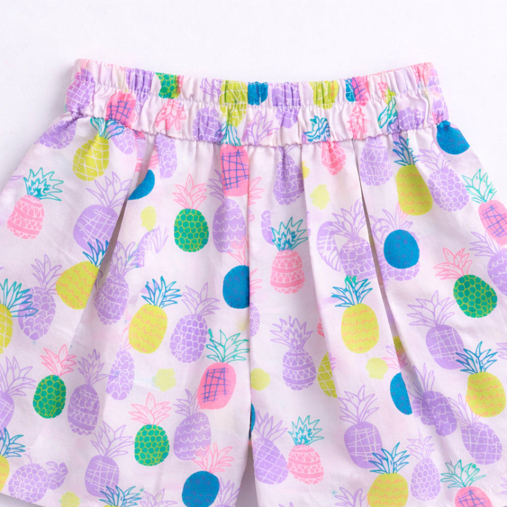 The Magic Wand Cotton Woven Strappy Pineapple Printed Pleated Top And Shorts Set - Purple